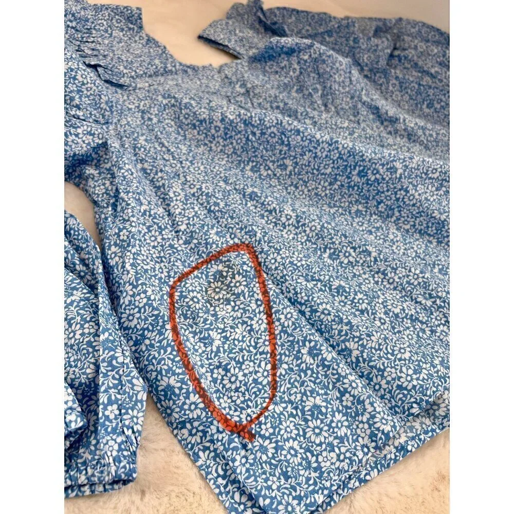 New J Crew Size 2X Square neck ruffle top Blue/White SU23 *Stain* - Picture 4 of 13